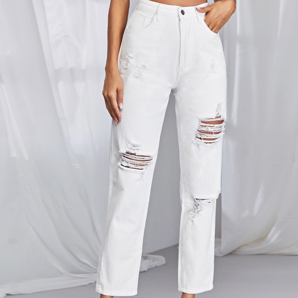 High Waisted Ripped Detail Jeans